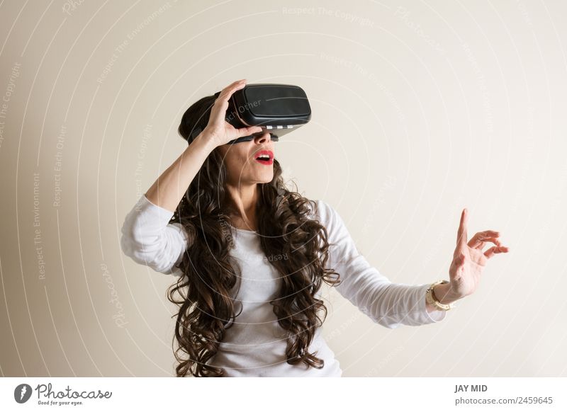 woman with glasses of virtual reality vr Virtual Realism Woman Headset Eyeglasses Person wearing glasses Devil 3d Cellphone Entertainment Telephone Video Modern