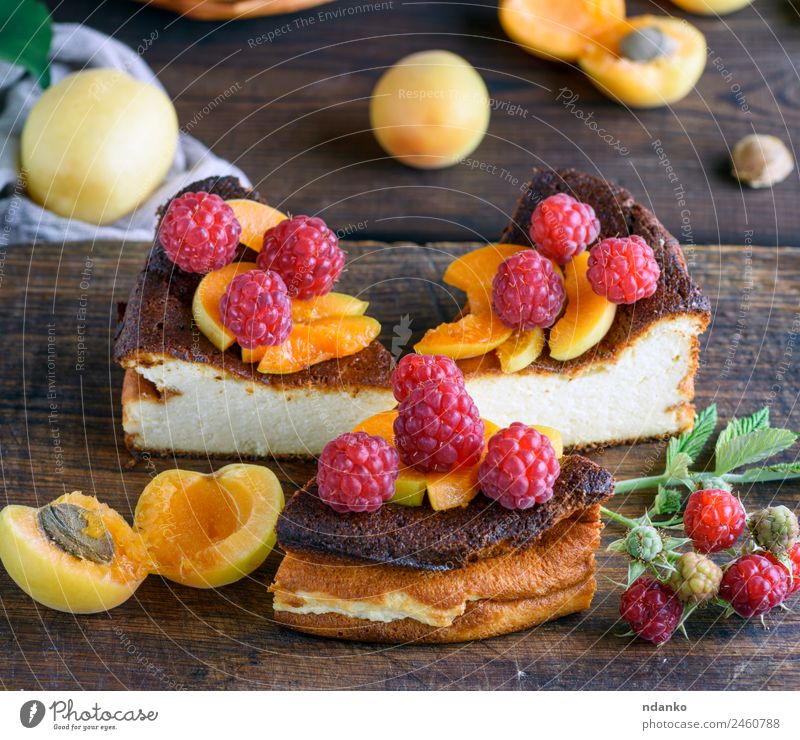 pieces of cottage cheese pie Cheese Fruit Dessert Candy Nutrition Table Eating Fresh Bright Delicious Brown Red White Colour Raspberry Apricot cheesecake
