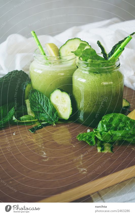 Healthy and detox green smoothies Food Vegetable Fruit Apple Cucumber Mint Spinach Nutrition Eating Organic produce Vegetarian diet Diet Beverage Cold drink