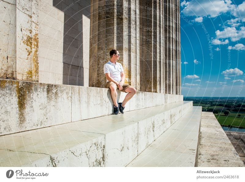 Man sits at Valhalla and looks into the distance Germany Regensburg Walhalla Tourist Attraction Column Vantage point Far-off places Panorama (View) Danube
