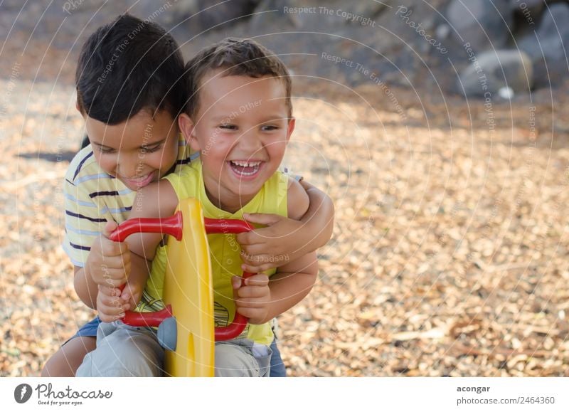 Two children laughing while playing in the playground. Lifestyle Joy Happy Playing Adventure Child Masculine Brothers and sisters Friendship Infancy 2
