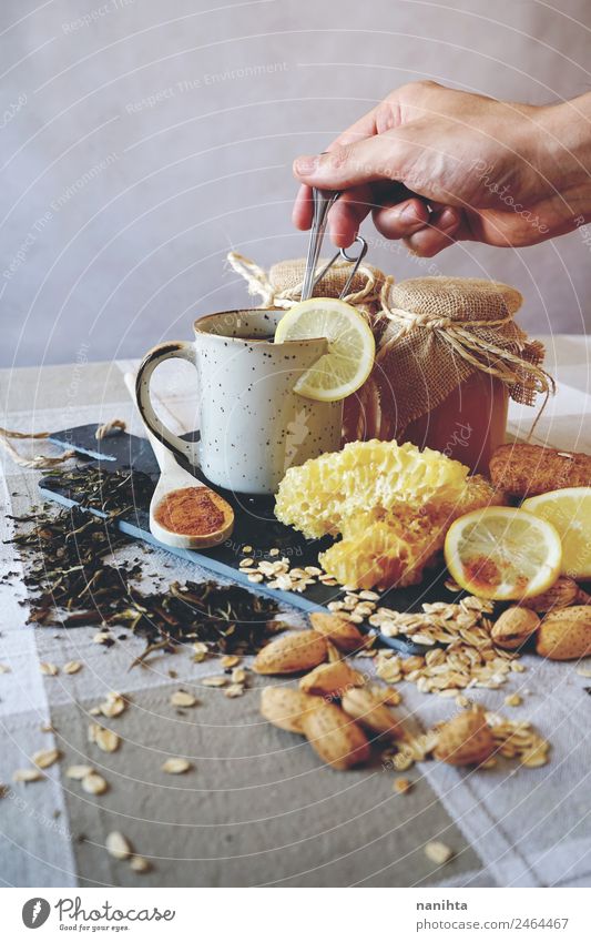 Healthy ingredients against common cold Food Fruit Grain Herbs and spices Lemon Cinnamon Honey Honeycomb Oats Oat flakes Tea plants Almond Nutrition Breakfast