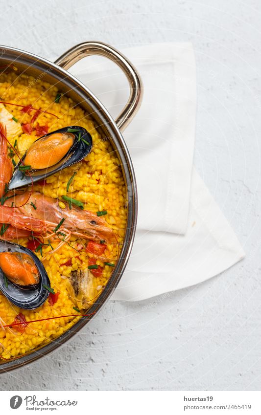 Traditional rice in paella Food Meat Fish Seafood Vegetable Grain Lunch Diet Healthy Eating Delicious Sour Yellow Paella Rice Shellfish Chicken stew Spanish