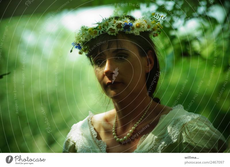 young woman with flower wreath in her hair, wedding dreams Feminine Young woman Pearl necklace Flower wreath Brunette Romance Dreamily Insecure Blur