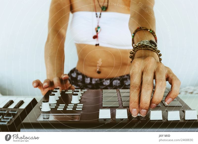 Hands woman DJ playing electronic music. mixing table Lifestyle Freedom Summer Table Music Disc jockey Profession Technology Entertainment electronics Feminine