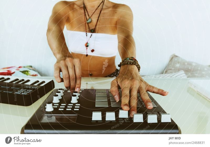 Hands woman DJ playing electronic music. mixing table Lifestyle Summer Table Music Disc jockey Technology Feminine Woman Adults Emotions Might Innovative