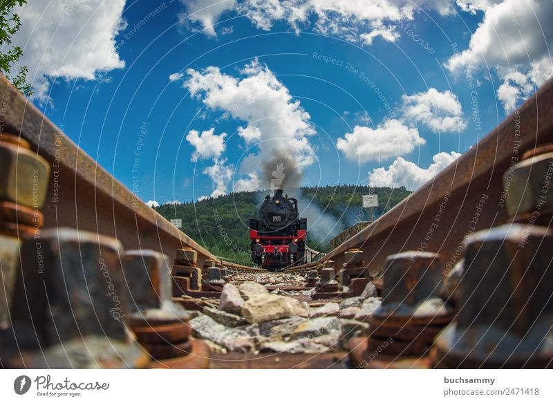 Steam engine at full speed Summer Machinery Technology Nature Landscape Sky Clouds Sunlight Transport Means of transport Traffic infrastructure Public transit