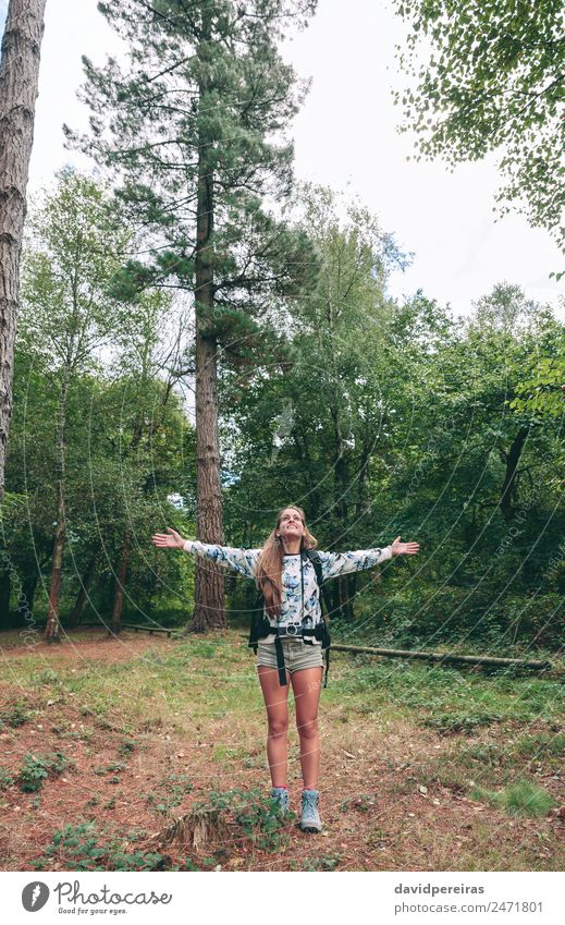 Hiking Woman. Happy Hiker Girl With Backpack Trekking In Forest