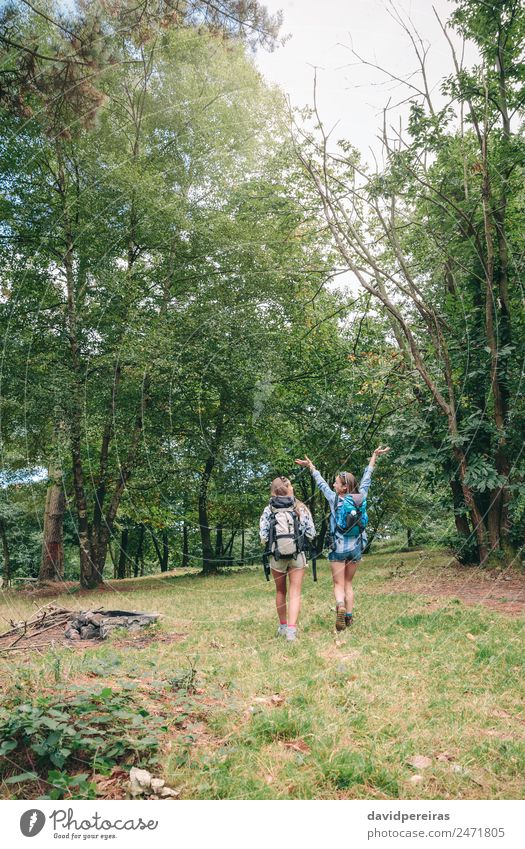 Hiker woman raising arms and enjoying with friend Lifestyle Joy Happy Leisure and hobbies Vacation & Travel Trip Adventure Camping Summer Mountain Hiking