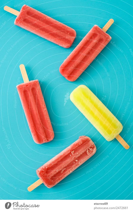 Strawberry and lemon popsicles Food Fruit Dessert Ice cream Candy Fresh Healthy Cold Sweet Yellow Pink Red Turquoise Sticky Summer Refreshment Lemon yellow