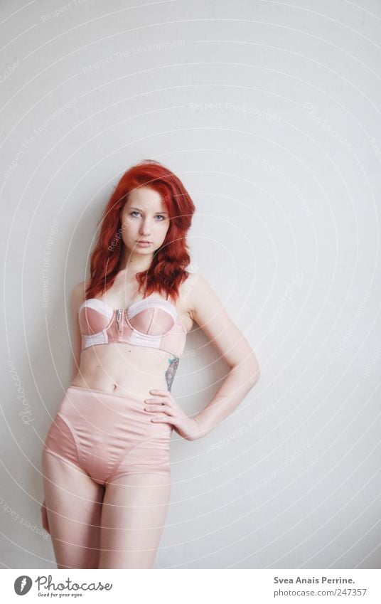 Full Body Shot Of Young Beautiful Redhead Woman In Lingerie Stock