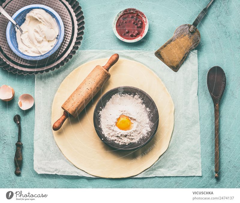 Dough, dough roll and bowl with flour and egg Food Baked goods Nutrition Crockery Style Design Living or residing Baking Bowl Flour Egg Kitchen Table
