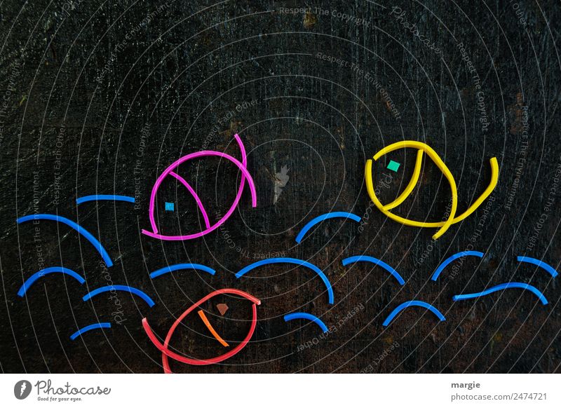 Rubber worms: Fish in water Waves Pond Animal Pet Farm animal Wild animal 3 Blue Yellow Red Black Lake Circle Collage Creativity Float in the water Wet Ocean