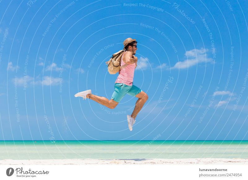 Man jumping on the beach Lifestyle Summer Sun Beach Ocean Human being Homosexual Sky Fashion Clothing Sunglasses Flying Jump Blue Happiness Optimism Success
