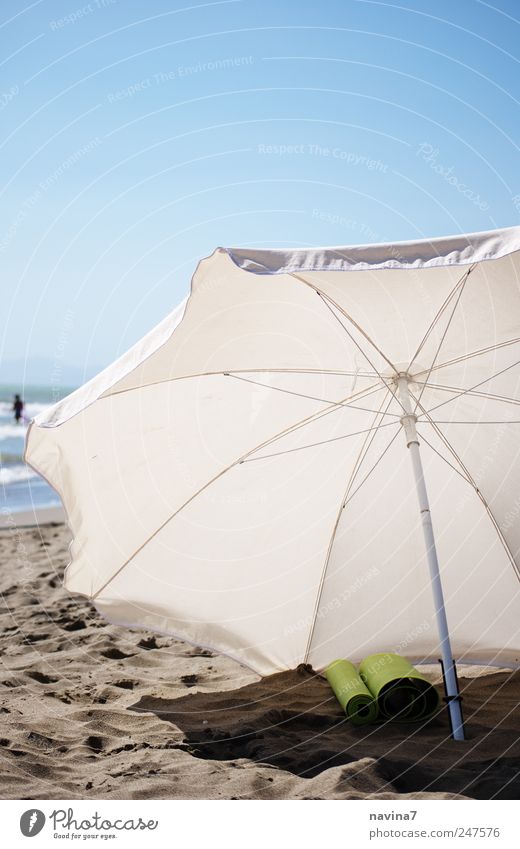 waiting parasol Swimming & Bathing Sand Summer Beautiful weather Warmth Beach Ocean Sunshade Umbrellas & Shades Hot Blue White Relaxation Vacation & Travel