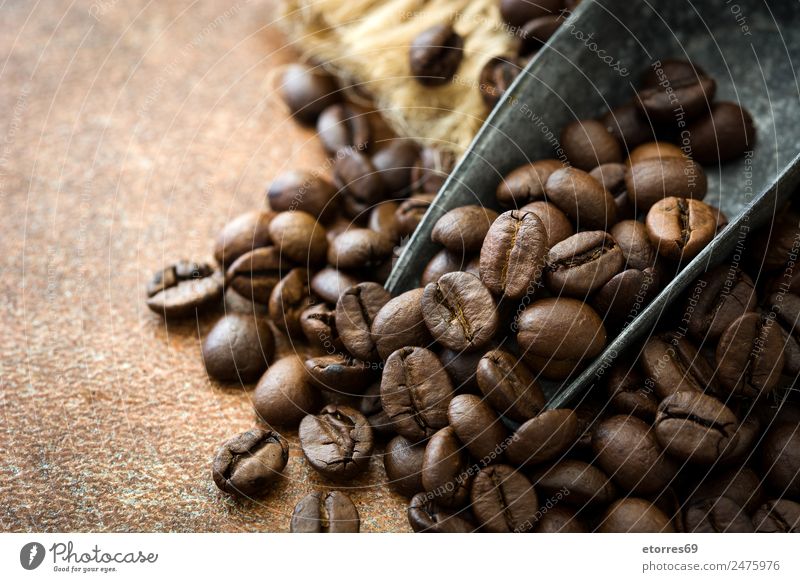 Roasted coffee beans and spoon Food Grain Beverage Coffee Spoon Brown Beans Drinking Caffeine Aromatic Breakfast African Arabia Natural Rustic Colour photo