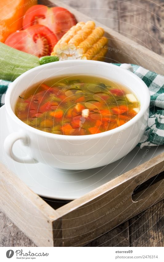 Vegetable soup in bowl on wooden table Food Soup Stew Herbs and spices Nutrition Eating Dinner Organic produce Vegetarian diet Diet Cold drink Bowl Spoon Wood