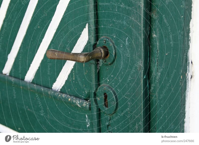 closed House (Residential Structure) Hut Door Old Dirty Safety Door handle Green Wooden door Lock Colour photo Exterior shot Close-up Deserted Copy Space right