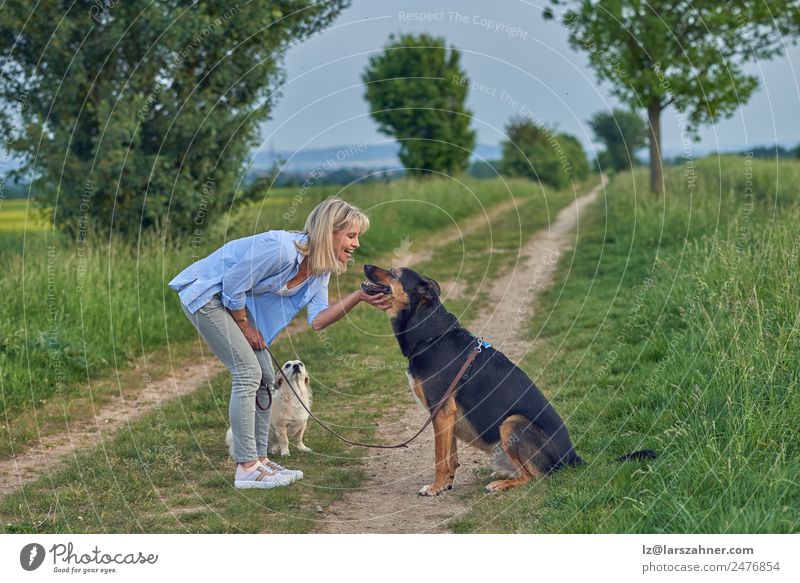 Smiling woman stroking her dog in countryside road Summer Woman Adults Friendship Landscape Animal Lanes & trails Blonde Dog Laughter teaching Rural Copy Space