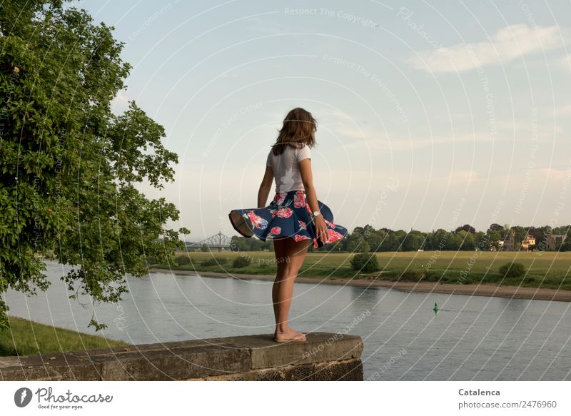 The blue wonder, young woman on the Elbe River Feminine Young woman Youth (Young adults) 1 Human being Landscape Sky Clouds Horizon Summer Beautiful weather