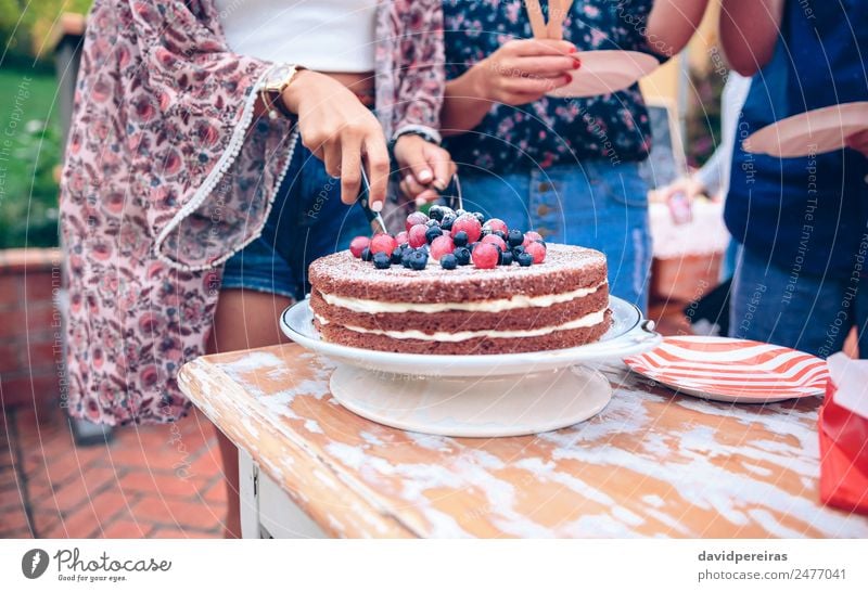 Woman cutting naked chocolate cake in a summer party Dessert Lunch Plate Lifestyle Joy Happy Leisure and hobbies Summer Garden Feasts & Celebrations Adults Man