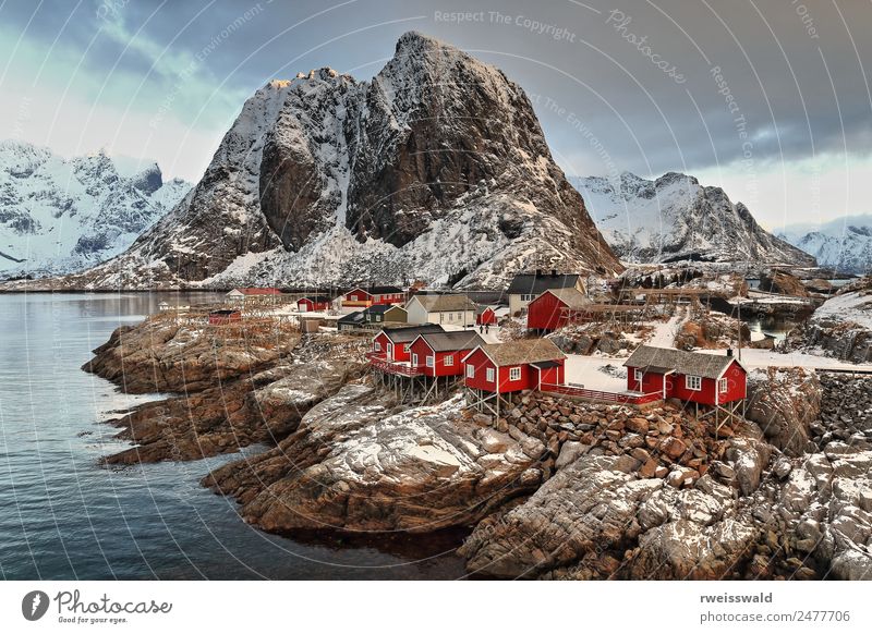 Hamnoy hamlet-Festhaeltinden mount-Moskenes-Lofoten-Norway. 0223 Calm Winter Snow Aquatics Winter sports Climbing Mountaineering Environment Nature Landscape