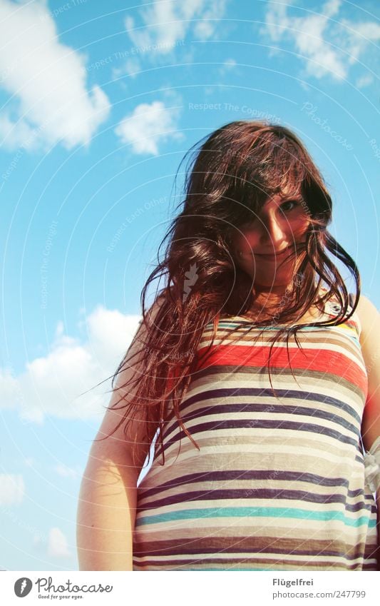 /// Feminine Young woman Youth (Young adults) Hair and hairstyles 1 Human being To enjoy Summer Sunlight Stripe Freedom Contentment Smiling Clouds Sky