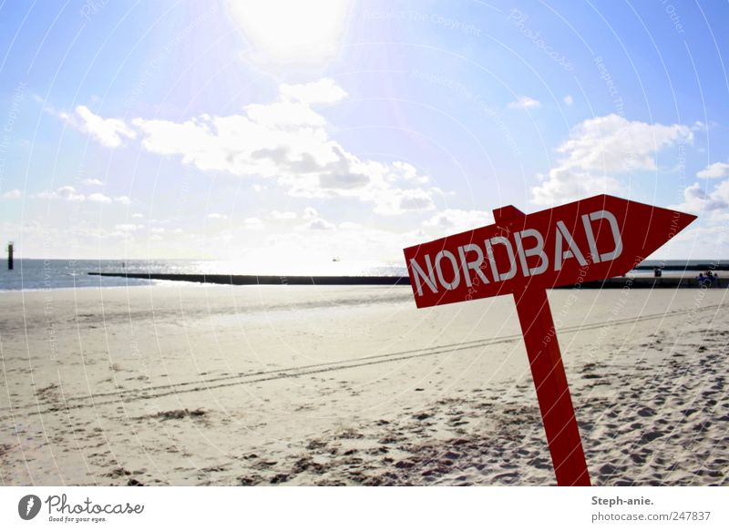 Wrong world. Water Sky Clouds Sun Summer Beautiful weather Coast Beach North Sea Characters Signs and labeling Signage Warning sign Red Wanderlust