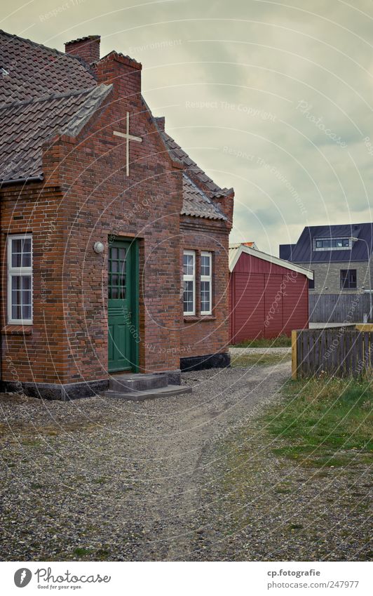 A way to God Bad weather Denmark Church Manmade structures Building Architecture Old Integrity Brick Brick wall Crucifix Door Window Gravel Clouds in the sky