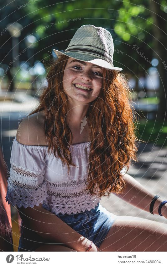 Outdoor portrait of young beautiful happy redhead girl Lifestyle Elegant Style Happy Beautiful Human being Feminine Young woman Youth (Young adults) Woman
