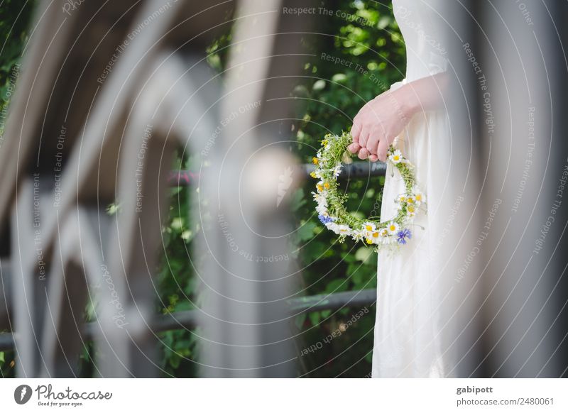 Railing in the foreground for willma Wedding Feminine Hand Happiness Happy Natural Positive Soft Multicoloured White Wreath Bouquet Flower Wedding dress Bride