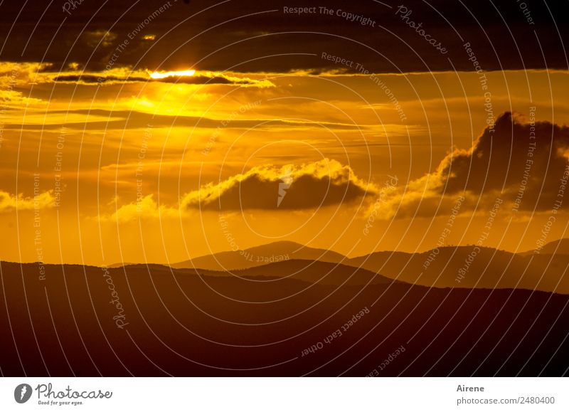 astronomical refraction with scattering of small particles Sky Clouds Sunrise Sunset Beautiful weather Hill Mountain Natural Positive Gold Orange Calm Hope