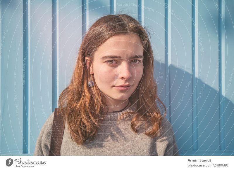 Portrait in front of a blue wooden wall Lifestyle Style Joy Happy Beautiful Well-being Contentment Senses Relaxation Calm Meditation Summer Human being Feminine