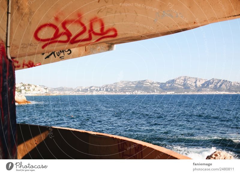 Underpass with panorama Town Port City Outskirts Wall (barrier) Wall (building) Stairs Moody Marseille Graffiti Corniche Mediterranean sea Coast Mountain