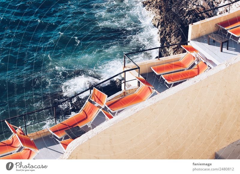 sunbath Lifestyle Swimming & Bathing Deckchair Marseille Provence Mediterranean sea Waves Coast Lie Sunbathing Sunlight Orange Blue Corniche Vacation & Travel
