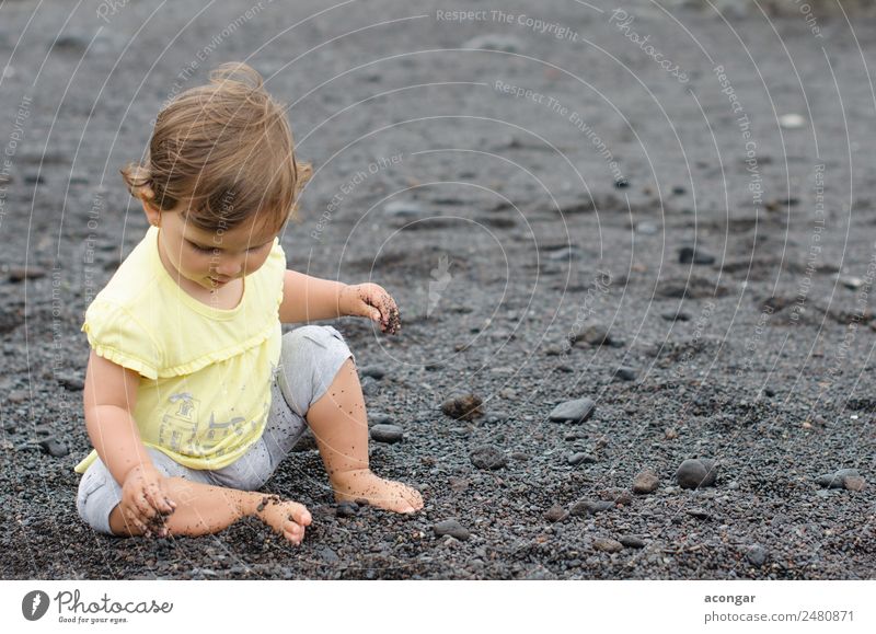 Baby playing on the beach. Beautiful Playing Vacation & Travel Summer Beach Child Human being Feminine Girl Body 1 0 - 12 months Sand Discover To enjoy Black