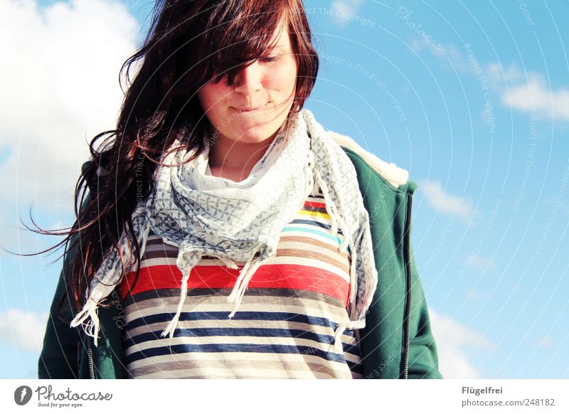summer feeling Feminine Young woman Youth (Young adults) 1 Human being To enjoy Stripe Scarf Hair and hairstyles Blow Clouds Sky Smiling Think Happy Snapshot