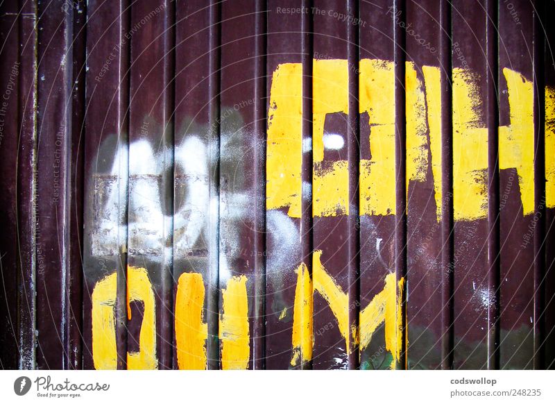 oh ohm Facade Door Characters Graffiti Rebellious Brown Yellow White Communicate Colour photo Exterior shot Deserted