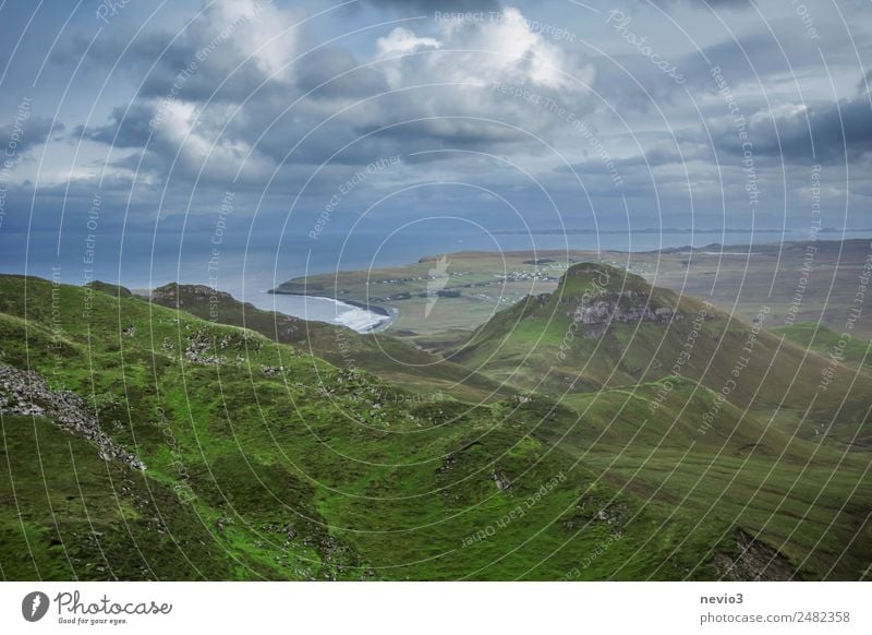 View from Quiraing Landscape Green Variable Weather Isle of Skye Clouds Clouds in the sky Scotland High plain Hill Coast Bay Uniqueness Famousness Green space