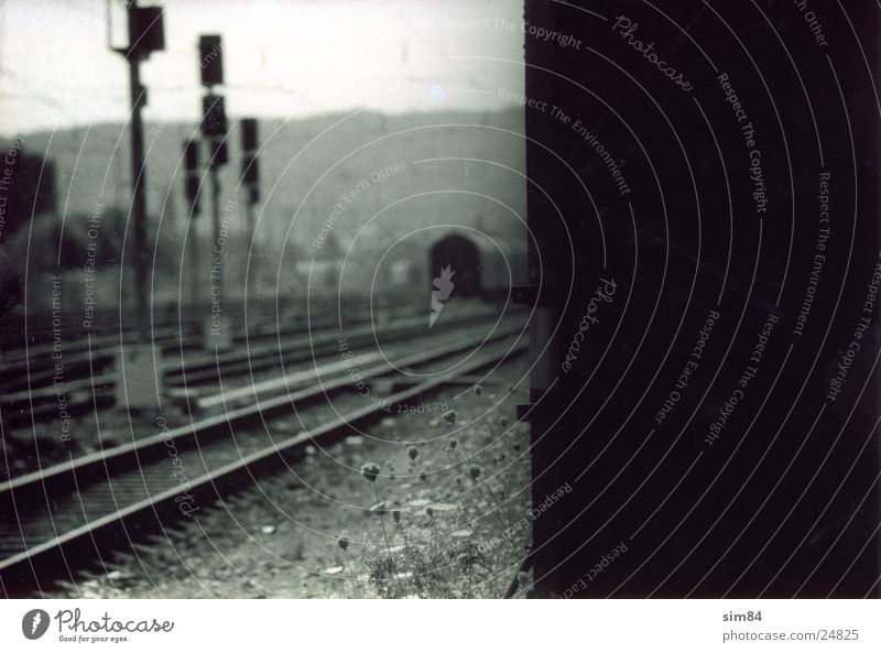 Railway Railroad tracks Transport wagon Black & white photo half-exposed