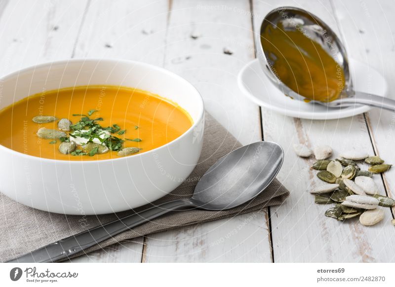 Pumpkin soup in white bowl Food Healthy Eating Food photograph Dish Vegetable Soup Stew Nutrition Organic produce Vegetarian diet Health care Thanksgiving Fresh
