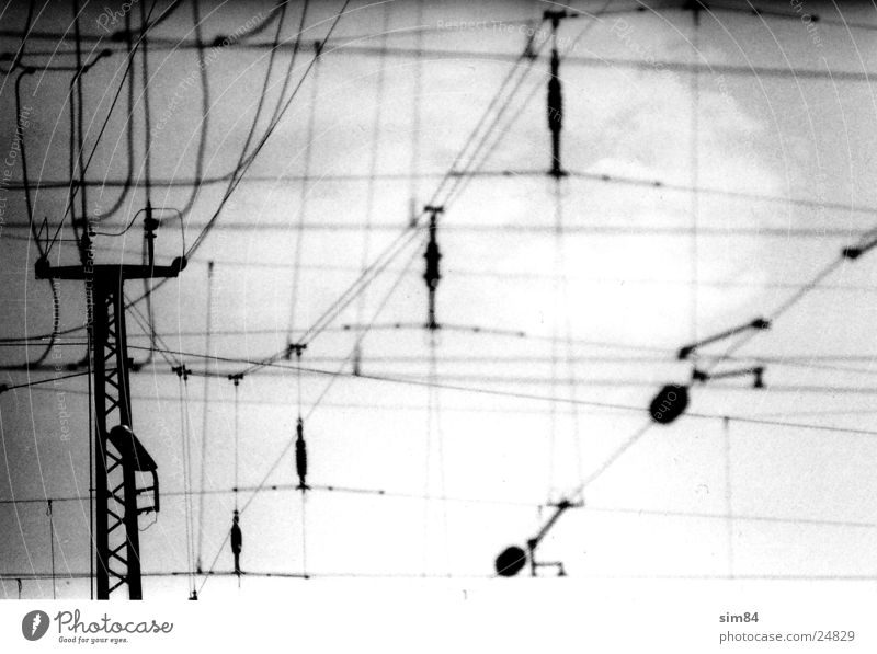 lines Overhead line Transmission lines Electricity Railroad Lamp Industry Electricity pylon Black & white photo