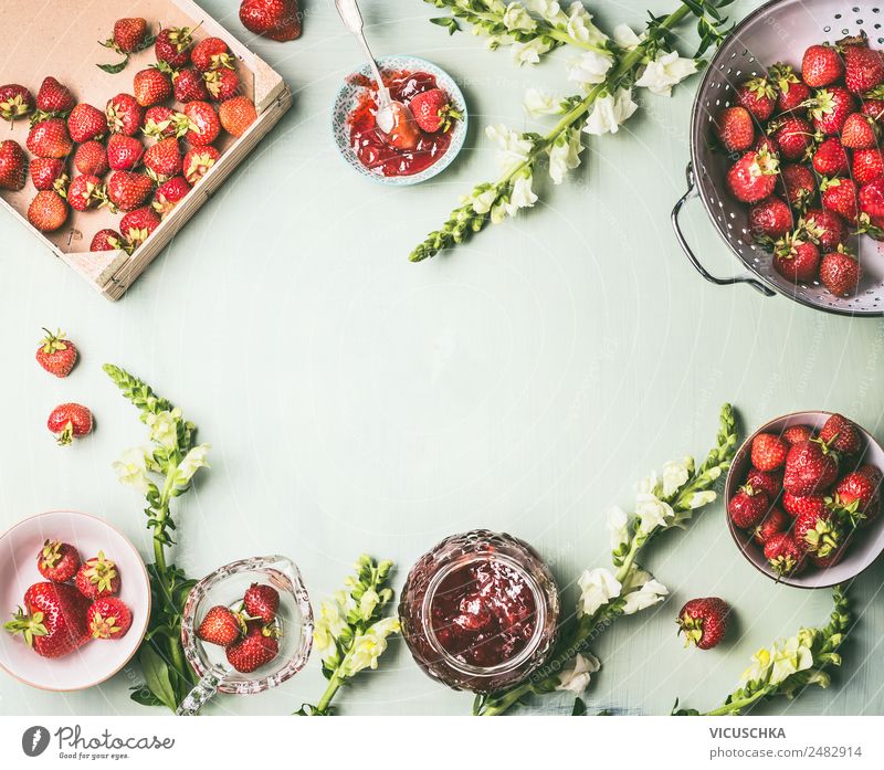 Background with fresh strawberries and jam jars Food Fruit Jam Nutrition Organic produce Vegetarian diet Diet Crockery Bowl Pot Glass Style Design