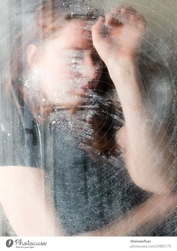 Woman behind a steamed-up window Close-up Human being portrait Face Adults Colour photo Feminine Youth (Young adults) Shallow depth of field Blurred person Pane