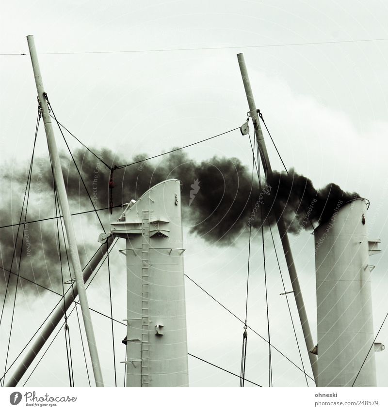 full speed ahead Sky Clouds Navigation Cruise Rope Ship smokestack White Environmental pollution Steamer Smoke Exhaust gas Black Colour photo Subdued colour