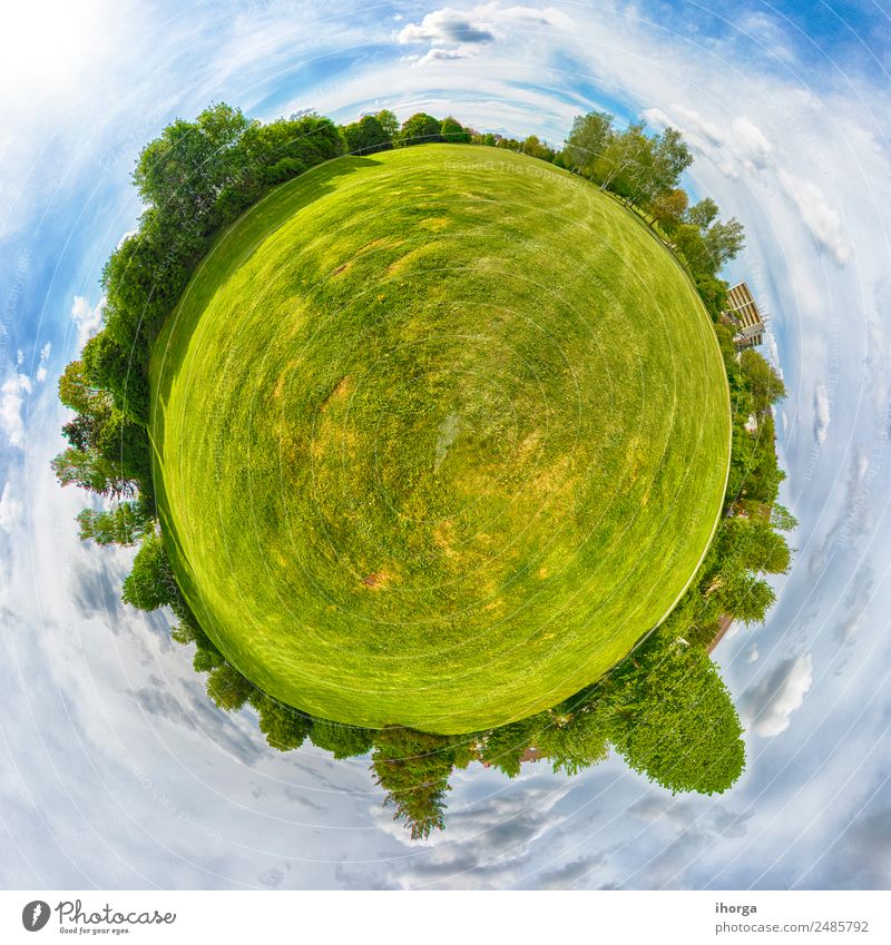 Little Planet. Panorama of natural landscape in Germany. Beautiful Vacation & Travel Summer Sun Environment Nature Landscape Sky Clouds Tree Grass Park Meadow
