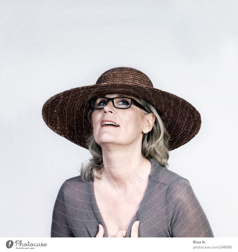 Weekend! Human being Woman Adults 1 45 - 60 years Shirt Eyeglasses Hat Blonde Gray-haired Long-haired Smiling Looking Authentic Happy Bright Thin Emotions Joy