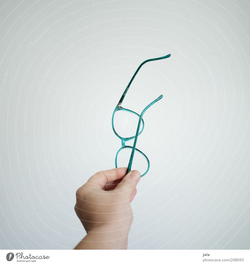 glasses Human being Hand Eyeglasses Retro White Stop Indicate Turquoise Colour photo Interior shot Copy Space left Copy Space right Copy Space top