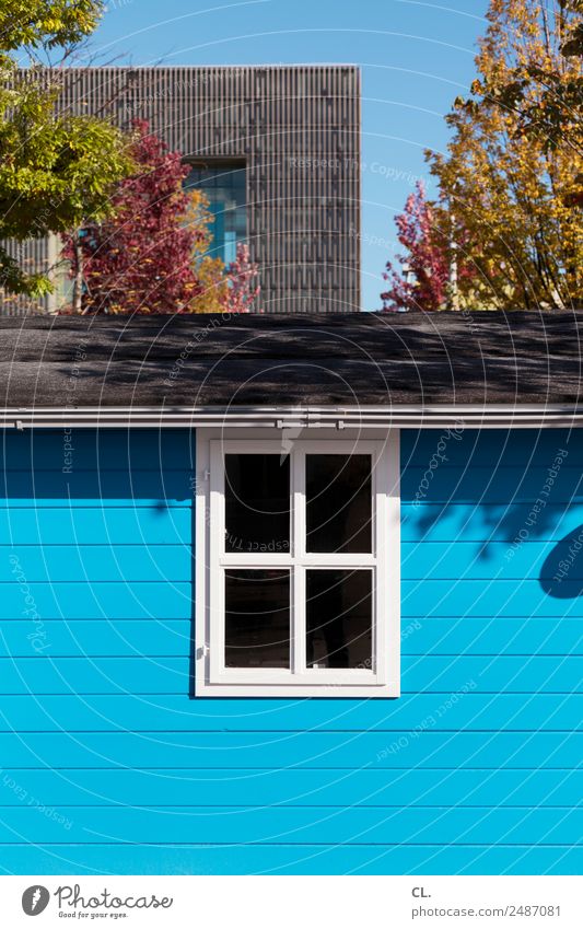 Blue hut Cloudless sky Autumn Beautiful weather Tree Essen Town Deserted House (Residential Structure) Hut High-rise Manmade structures Building Architecture