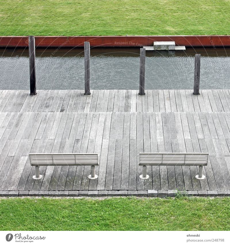 seating areas Water Park Meadow Bochum Bench Wood Green Wooden stake Pole Restful Deserted Calm Colour photo Exterior shot Structures and shapes Copy Space top